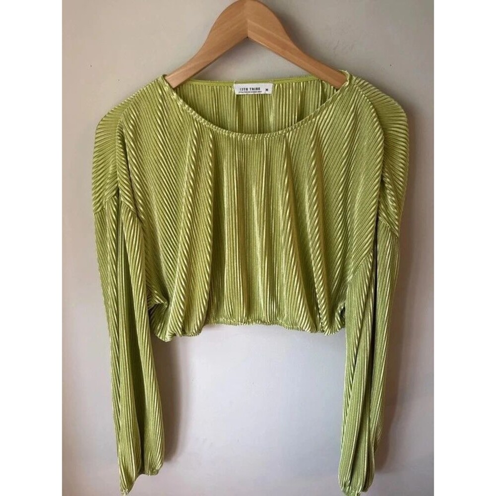 12th Tribe Green Pleated Satin Crop Top Medium